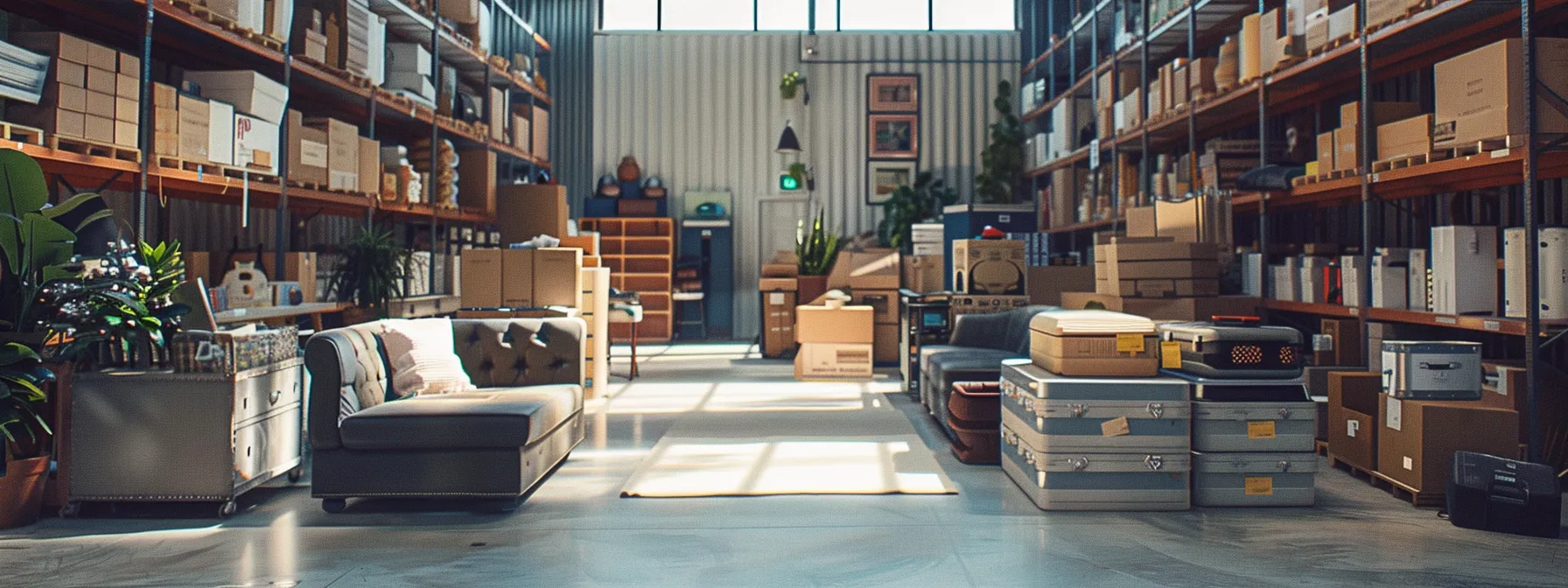 A Spacious, Well-Lit Storage Unit In Los Angeles Filled With Carefully Organized Boxes And Furniture Items.