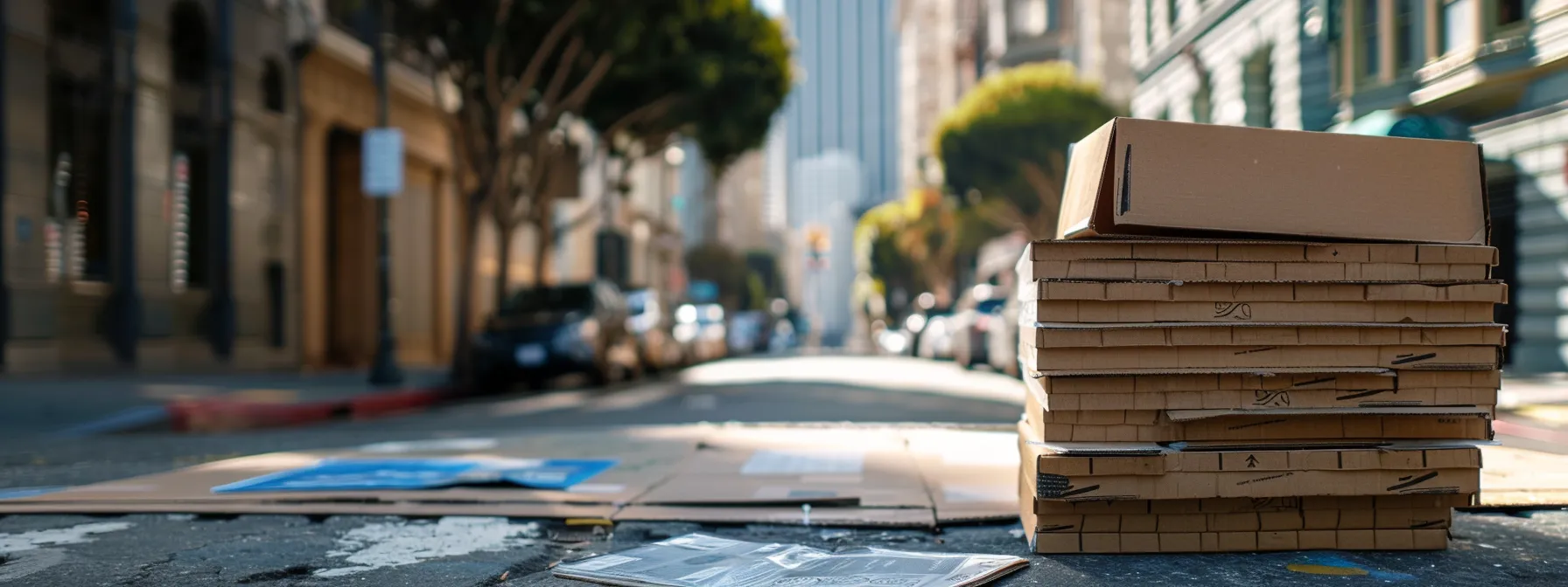 A Stack Of Biodegradable Packing Materials And Reusable Moving Boxes In Downtown San Francisco, Promoting Eco-Friendly Packing Options For A Sustainable Move.