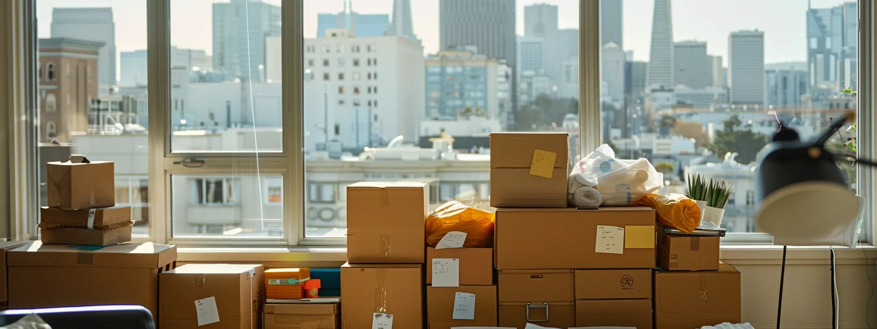 A Stack Of High-Quality Moving Boxes In Various Sizes, Bubble Wrap, Packing Paper, Tape, Dispensers, Furniture Covers, Protective Blankets, Labels, Markers, Stretch Wrap, And Shrink Wrap Arranged Neatly In A Room Ready For Packing, With The San Francisco Skyline Visible Through A Window In The Background.