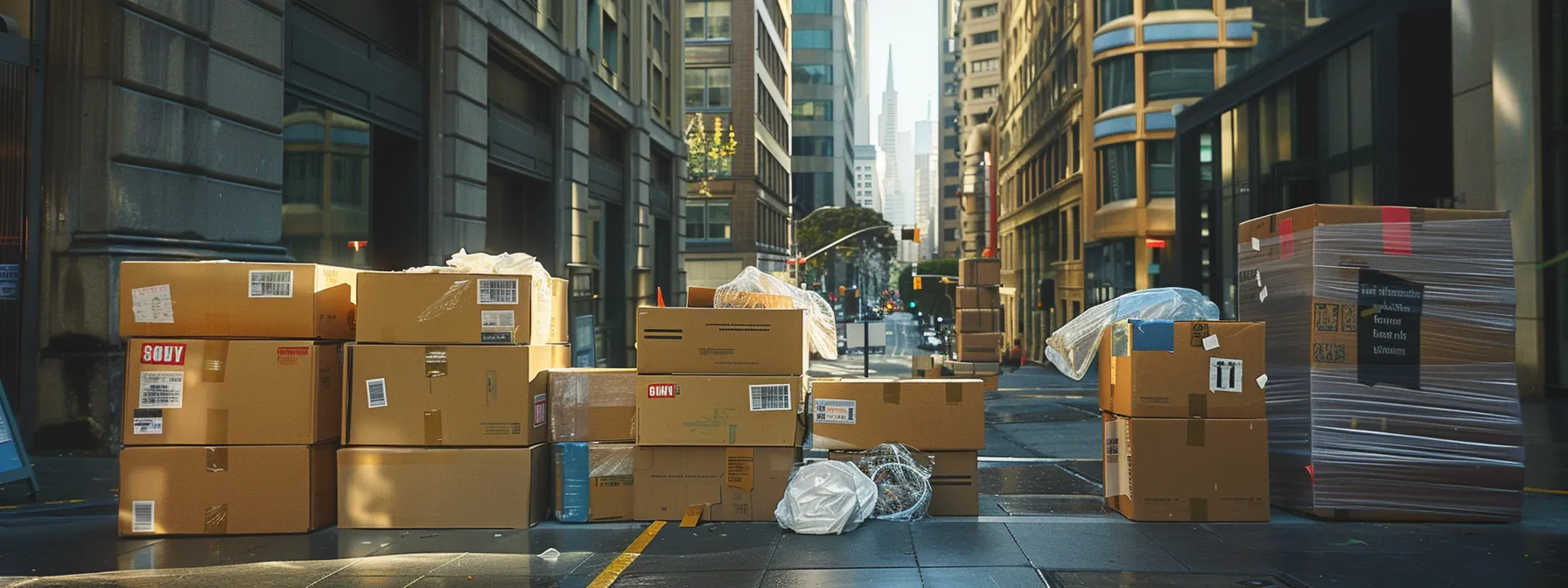 A Stack Of Labeled Moving Boxes Filled With Office Equipment, Surrounded By Bubble Wrap And Packing Tape, Ready For A Smooth Transition In A Bustling Downtown San Francisco.