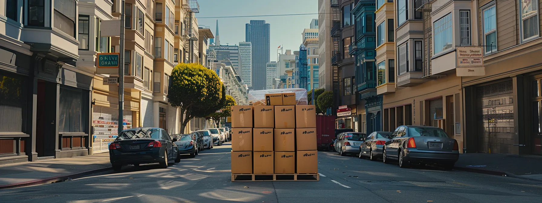 A Stack Of Neatly Labeled Moving Boxes Surrounded By Packing Supplies And A Moving Truck, Set Against The Backdrop Of The Bustling Streets Of Downtown San Francisco.