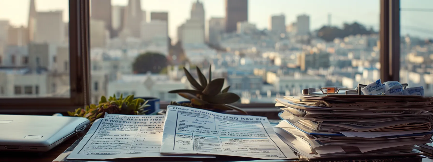 A Stack Of Official Licenses And Insurance Documents, With A Cityscape Of San Francisco In The Background, Showcasing The Importance Of Verifying Credentials When Choosing A Moving Company.