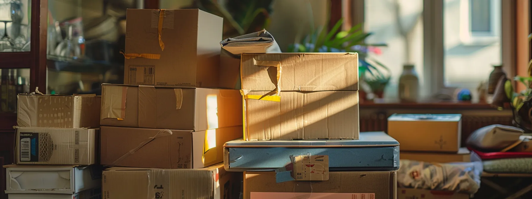 A Stack Of Sturdy Boxes Of Various Sizes, Neatly Taped And Labeled, Filled With Items Ranging From Coats To Kitchenware, Ready For A Move To San Francisco.