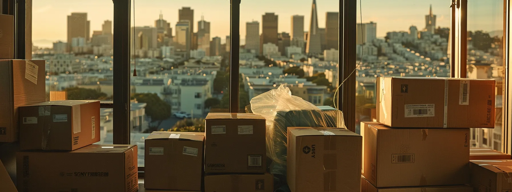 A Stack Of Sturdy Cardboard Moving Boxes And Eco-Friendly Packing Materials Neatly Arranged With A View Of Downtown San Francisco In The Background.