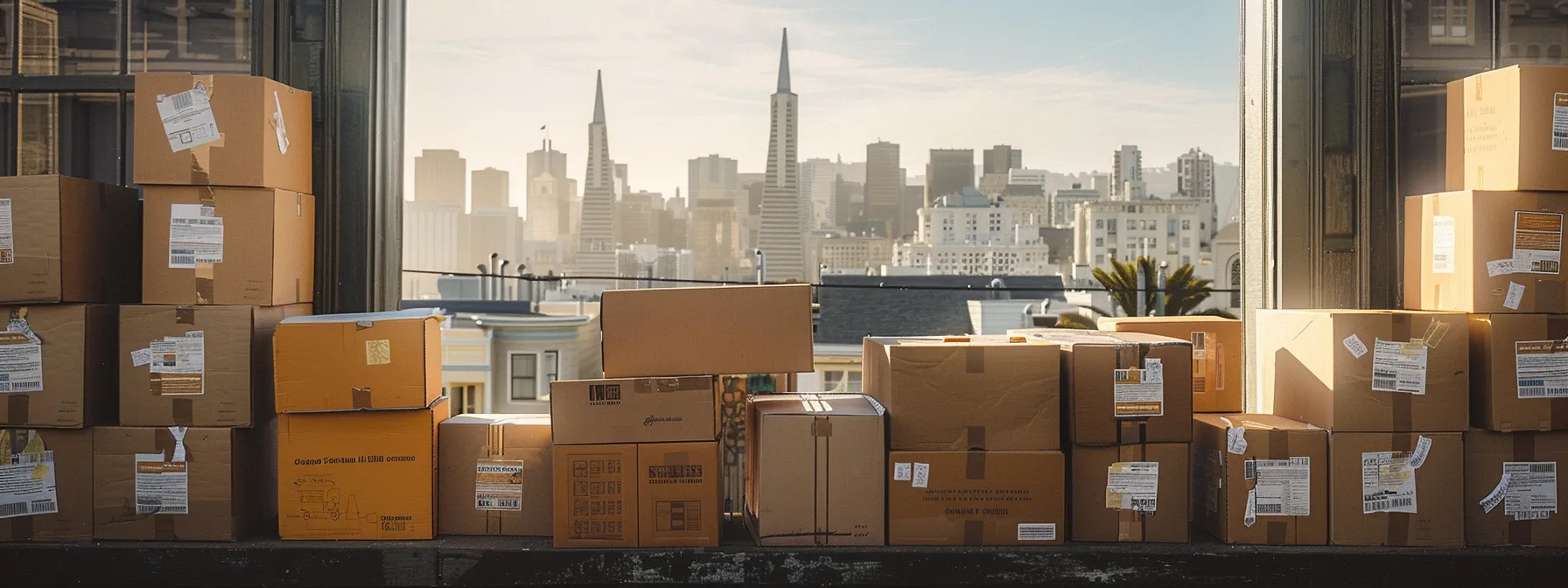 A Stack Of Sturdy, Labeled Boxes Filled With High-Quality Packing Materials Against The Backdrop Of The Iconic San Francisco Skyline.