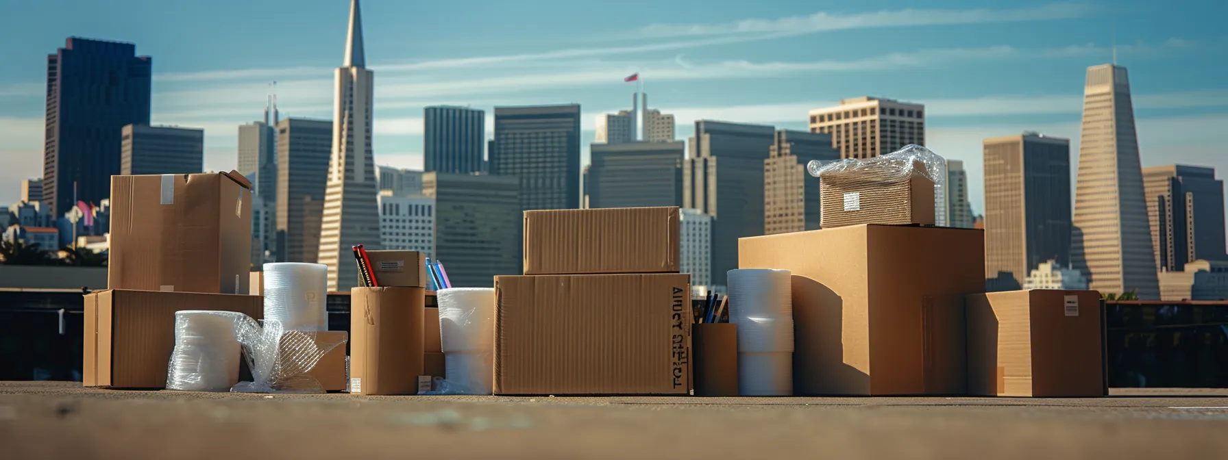 A Stack Of Sturdy Moving Boxes, Rolls Of Bubble Wrap, And Markers Neatly Arranged In Front Of The Iconic San Francisco Skyline.