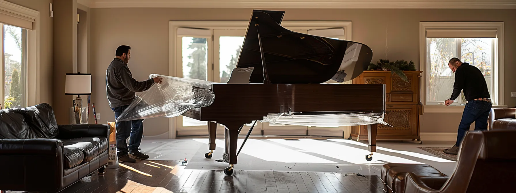 A Sturdy Grand Piano Being Carefully Lifted By Movers In A Spacious Living Room, Showcasing Expertise In Piano Transport In Orange County.