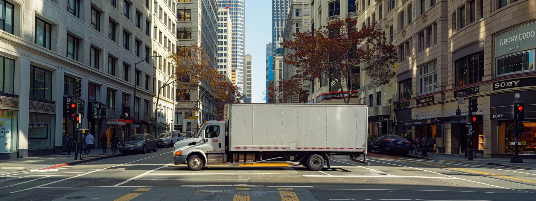 A Sturdy Moving Truck Parked On The Bustling Streets Of Downtown San Francisco, Ready To Embark On A Cross-Country Journey To New York, Surrounded By High-Rise Buildings And Busy City Life.