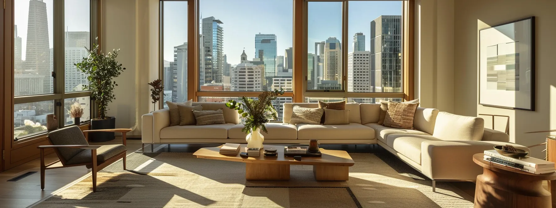 A Sunlit Living Room In A New San Francisco Home, With Modern Furniture Arranged Elegantly Against Large Windows Showcasing The Downtown Skyline.