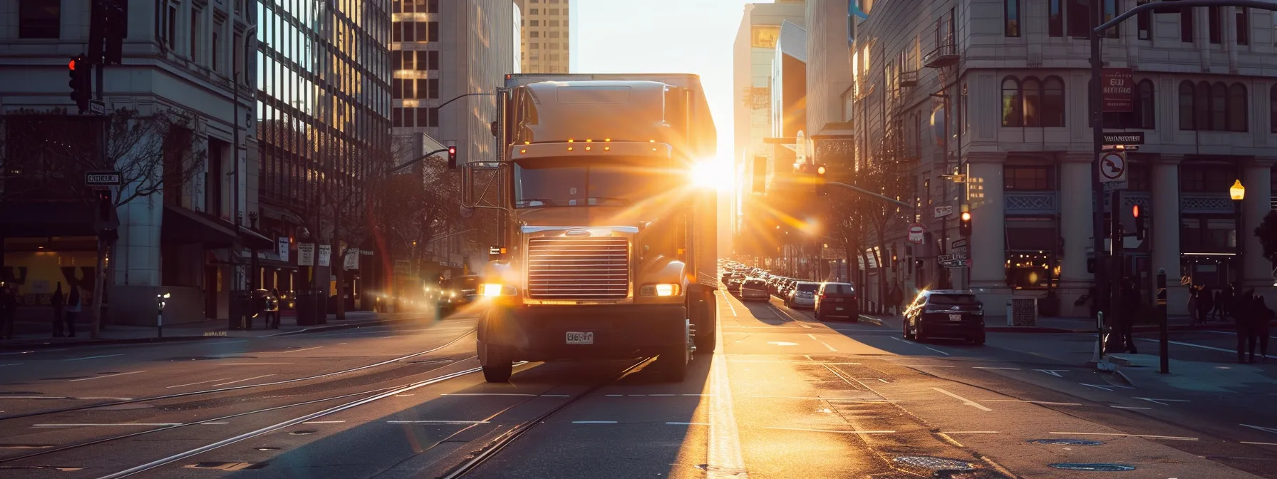 A Sunlit Moving Truck Driving Down The Iconic Streets Of Downtown San Francisco.