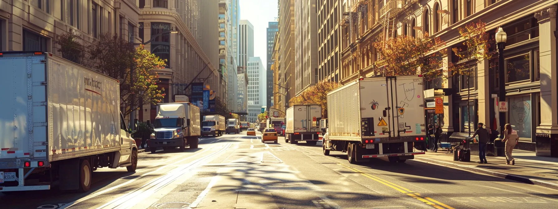 A Sunny Day In Downtown San Francisco, Showing A Bustling Street Filled With Moving Trucks From Reputable Companies Like Allied Van Lines, While Customers Compare Quotes And Services On Their Smartphones.