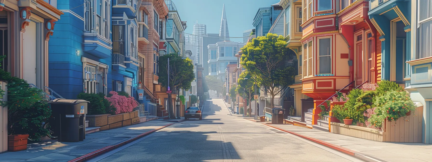 A Sunny Street In Downtown San Francisco Lined With Colorful Victorian Houses And Bustling With Locals Exploring Vibrant Neighborhood Amenities.