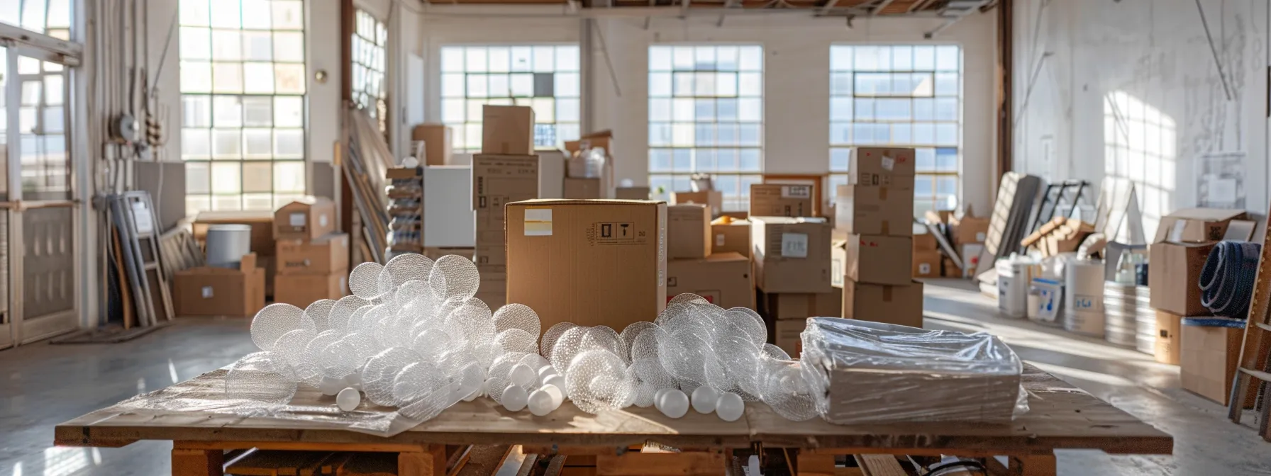 A Table Covered With Bubble Wrap And Moving Boxes In Downtown San Francisco, Ready For A Smooth Interstate Move.