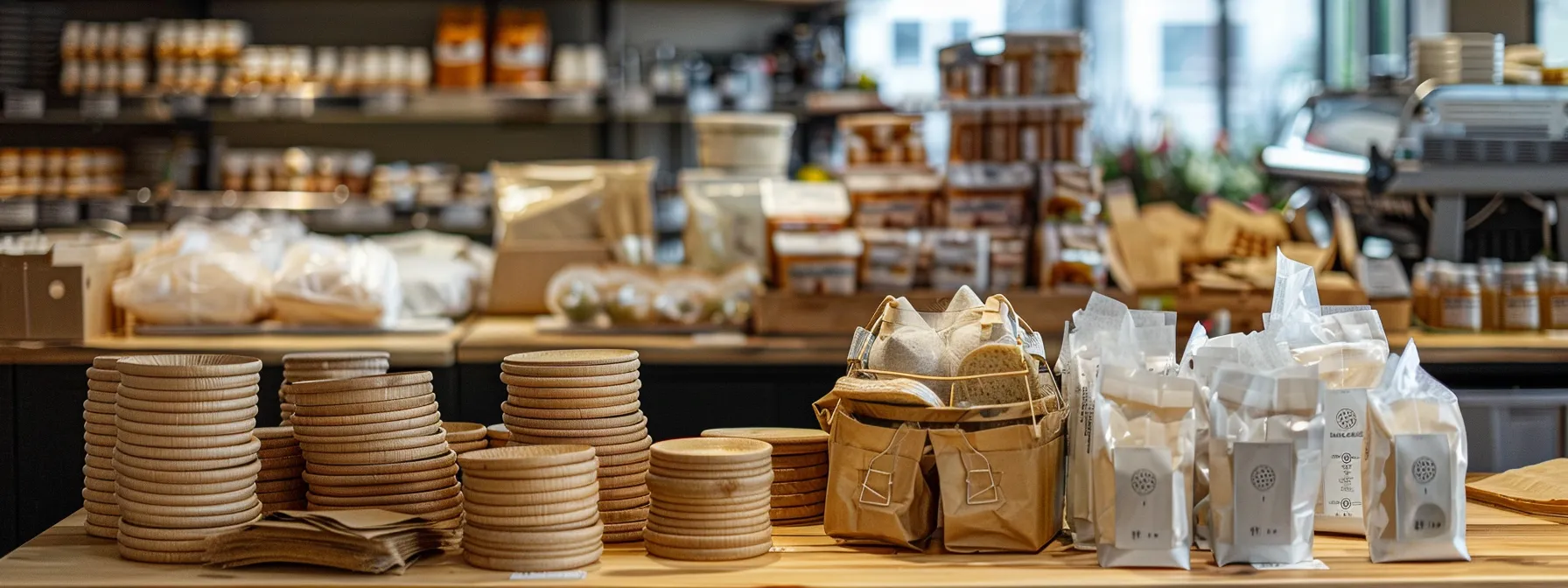 A Table Filled With Various Affordable Eco-Friendly Packing Materials Made From Bioplastic, Fiber, And Starch, In A Bustling Store In Downtown San Francisco.