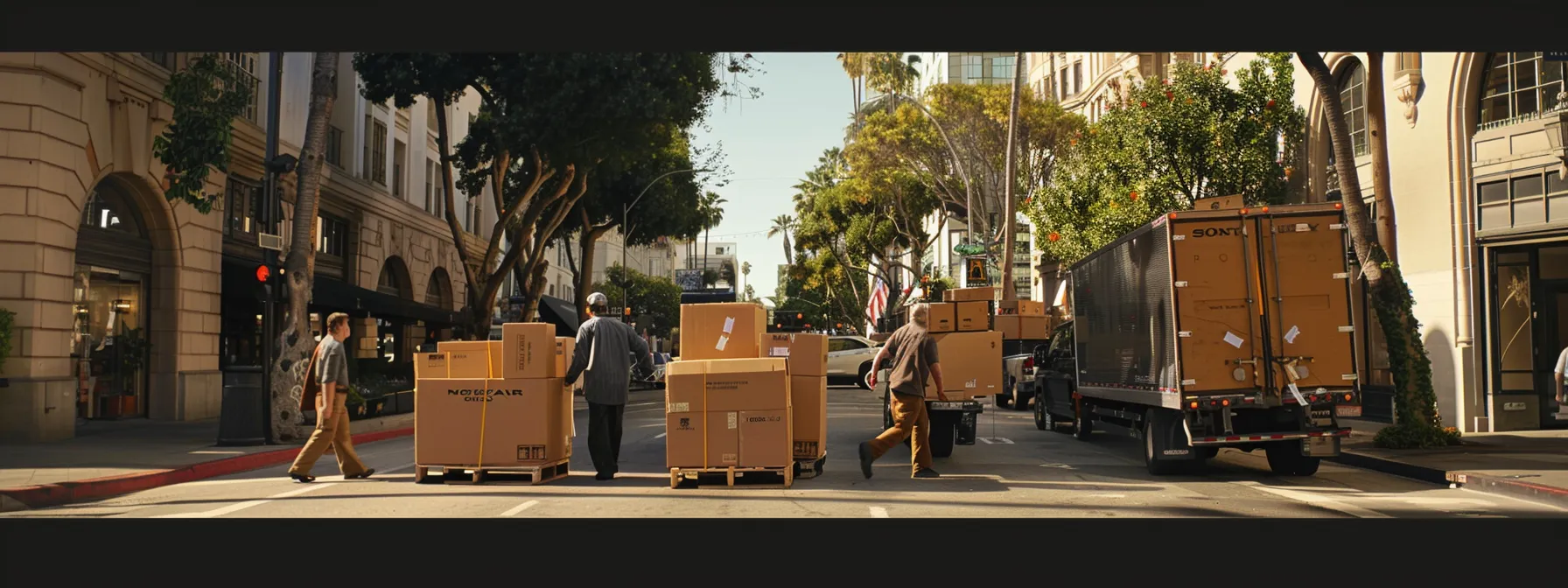 A Team Of Eco-Friendly Movers From Northstar Moving Carefully Transporting Household Items In Reusable And Recycled Boxes Along A Picturesque Urban Street In Los Angeles.