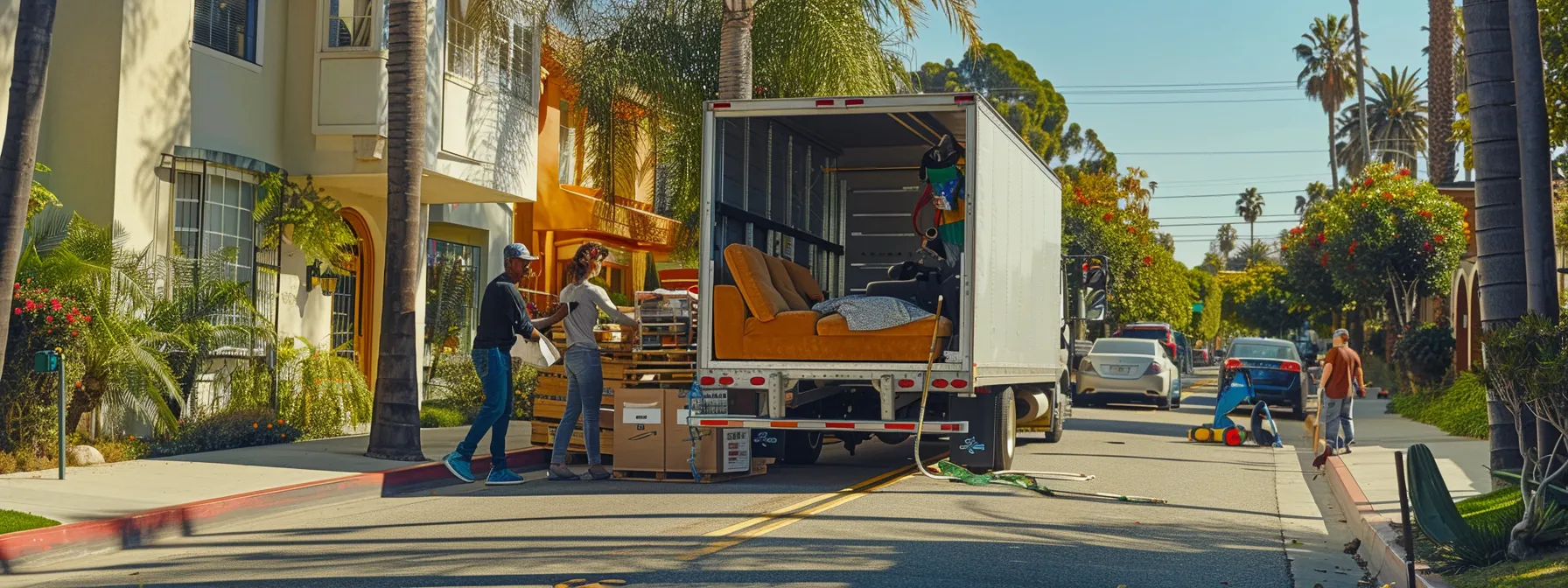 A Team Of Efficient Movers Carefully Loading A Colorful Sofa Into A Spacious Moving Truck In A Sunny Los Angeles Neighborhood.