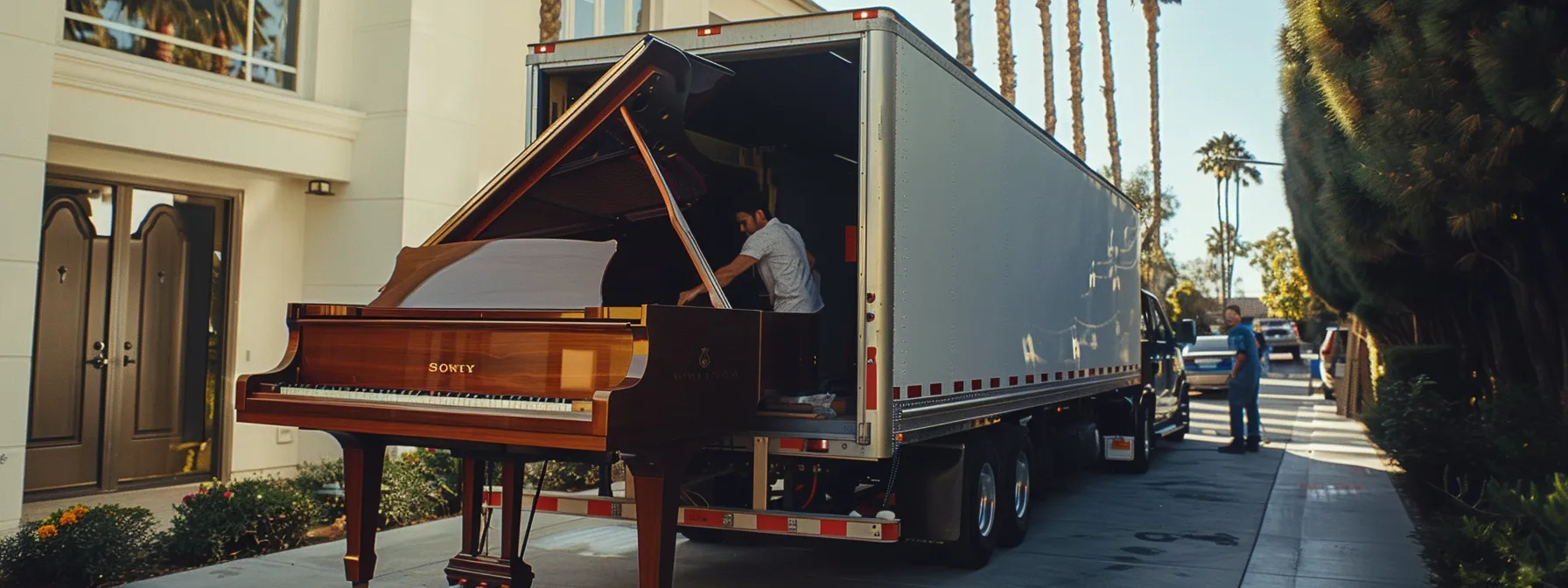 A Team Of Efficient Movers Swiftly Loading A Grand Piano Into A Moving Truck In Orange County.