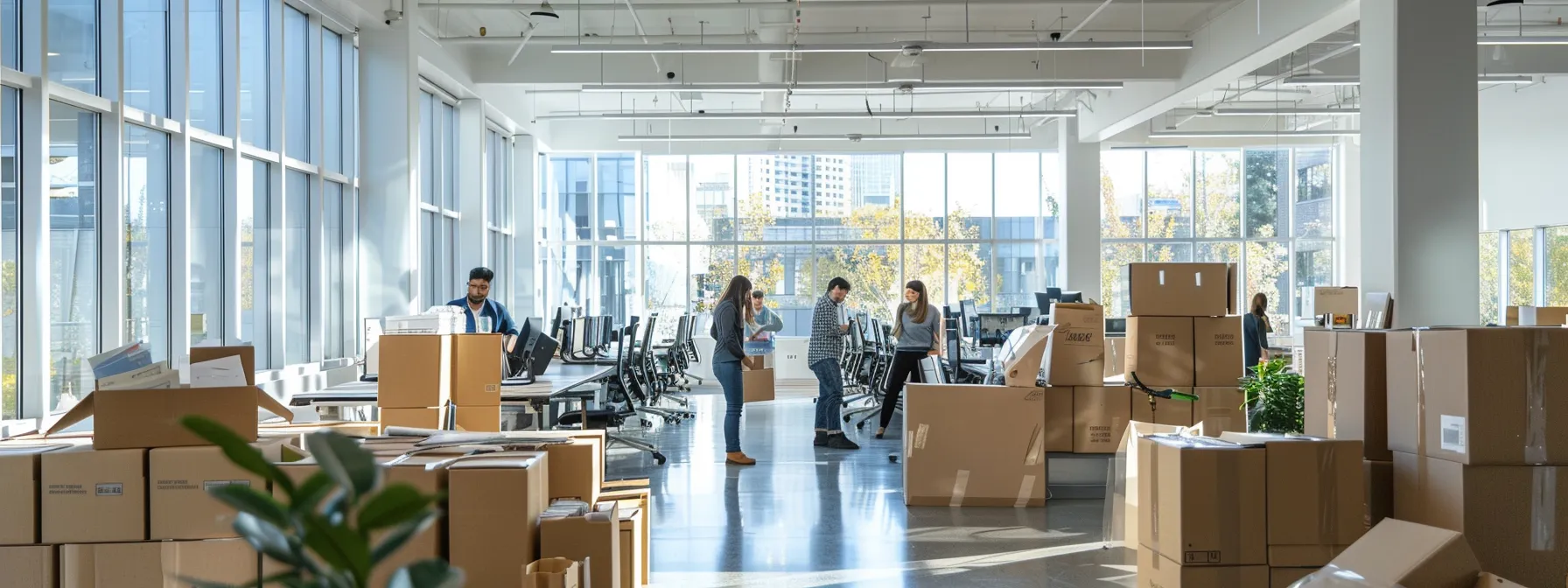 A Team Of Employees Efficiently Setting Up Equipment And Unboxing Supplies In A Bright, Spacious New Office Space.