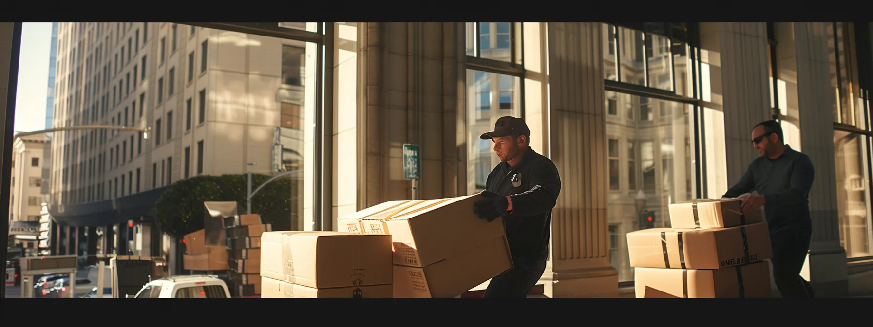 A Team Of Focused Movers Swiftly Transferring Office Equipment In The Heart Of Downtown San Francisco.