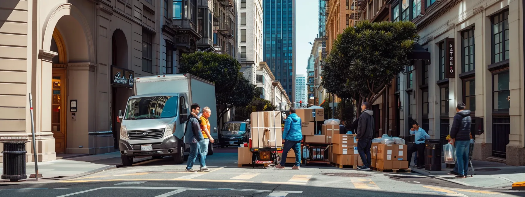 A Team Of Professional Commercial Movers In San Francisco Expertly Packing And Securely Transporting Office Equipment And Furniture Through The Bustling Streets Of Downtown San Francisco.