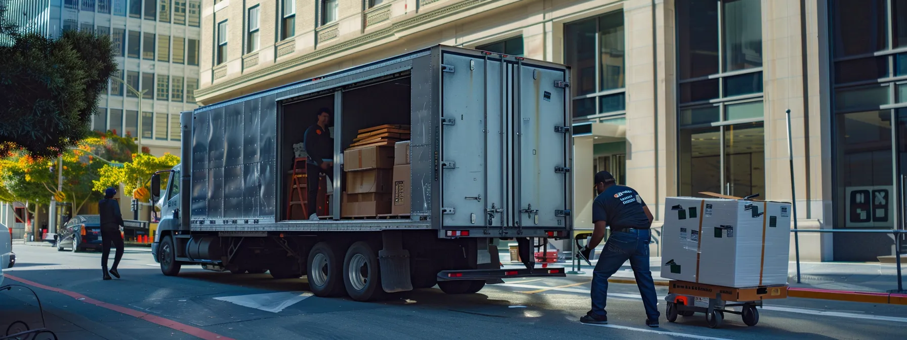 A Team Of Professional Commercial Movers Efficiently Packing And Loading Office Furniture Onto A Moving Truck In Downtown San Francisco.