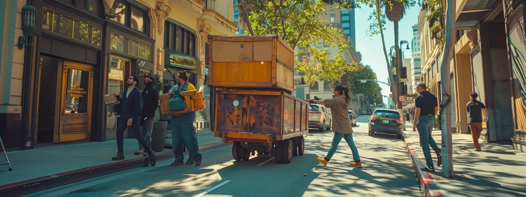 A Team Of Professional Movers Carefully Transport Delicate Antique Furniture Through The Vibrant Streets Of Los Angeles.