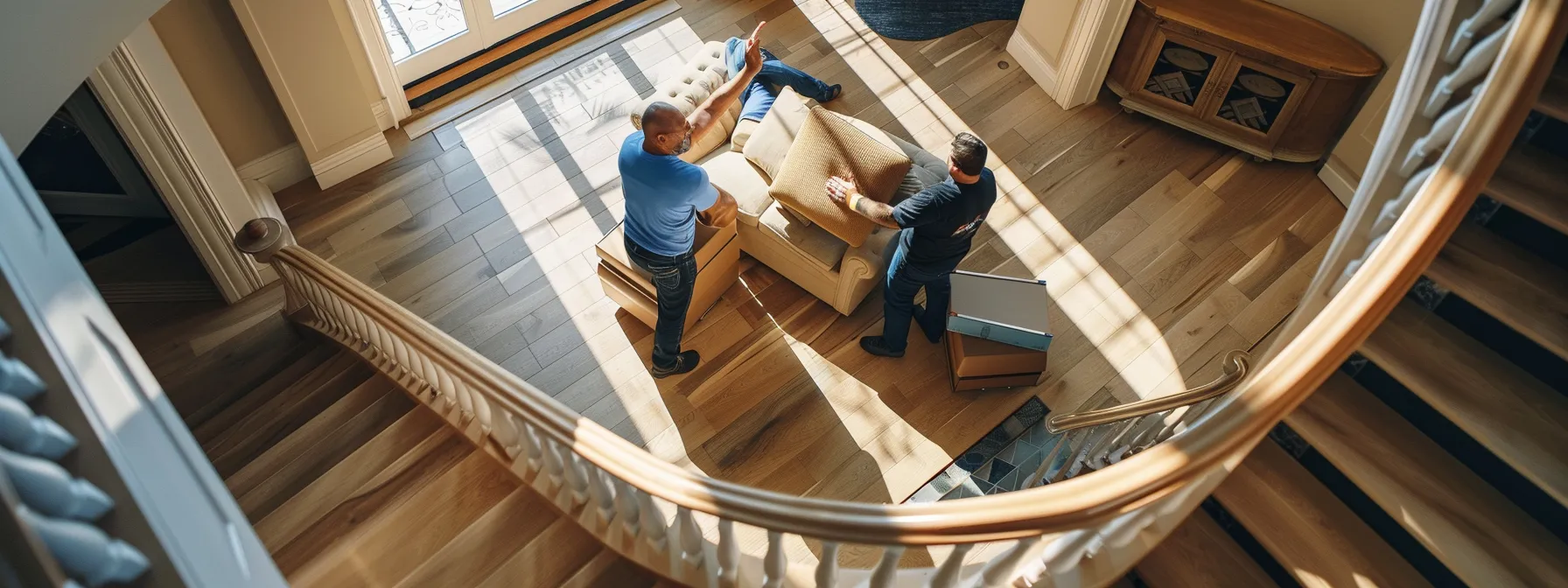 A Team Of Professional Movers Carefully Carrying A Large, Luxurious Sofa Down A Winding Staircase In A Spacious, Modern Los Angeles Home.