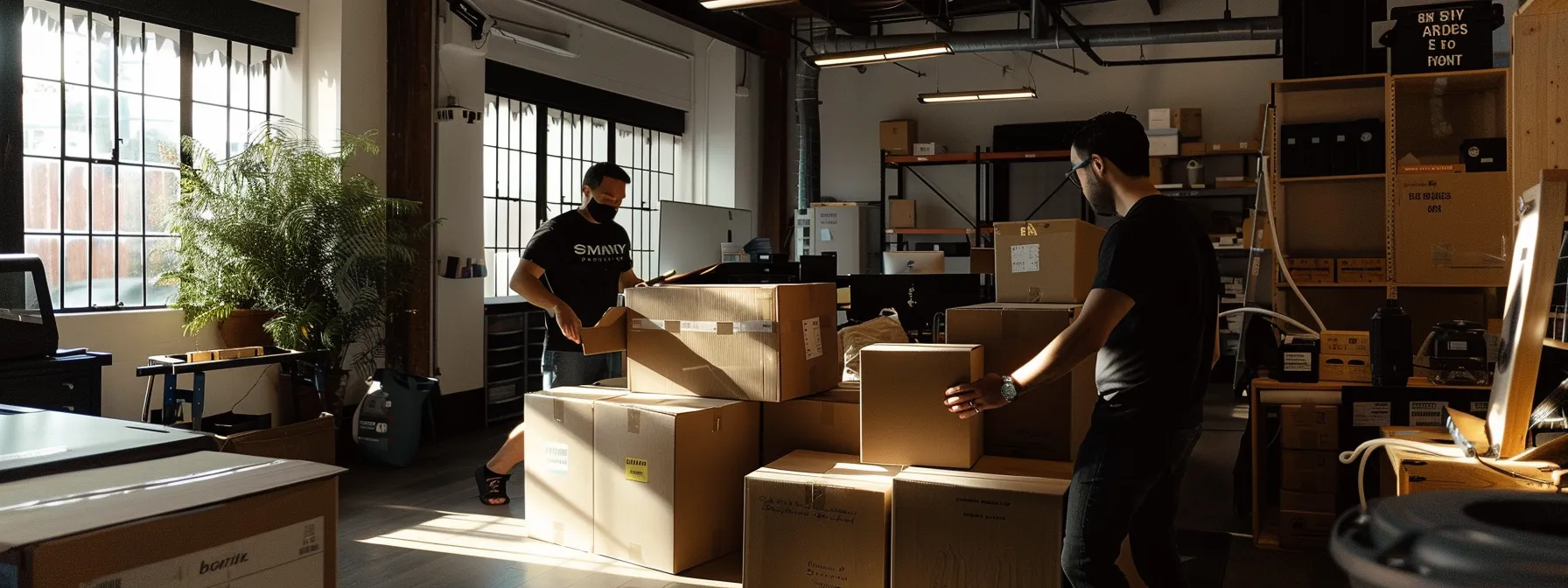 A Team Of Professional Movers Carefully Packing Boxes In An Organized Office Space, Preparing For A Seamless Relocation Process.