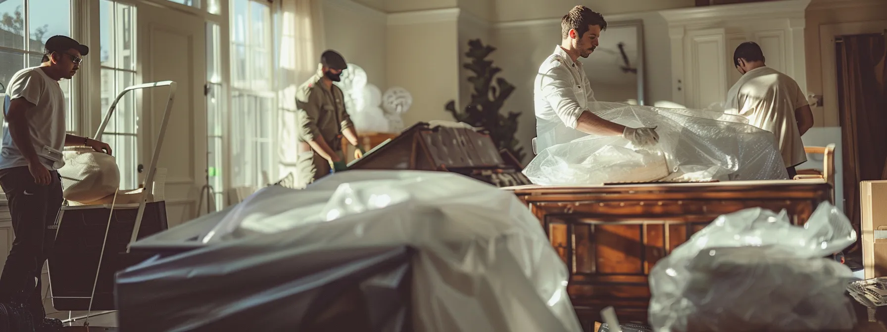 A Team Of Professional Movers Carefully Wrapping Bulky Antique Furniture In Bubble Wrap, Ensuring Safe Transit During A Move In Los Angeles.