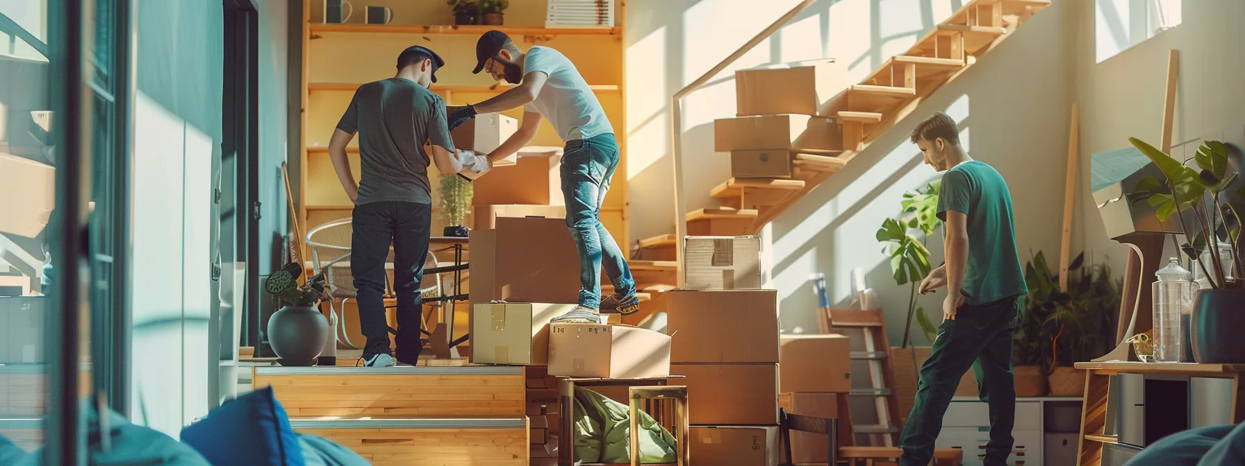 A Team Of Professional Movers Carefully Navigating A Tight Staircase While Disassembling Bulky Furniture In A Modern Urban Apartment Setting.