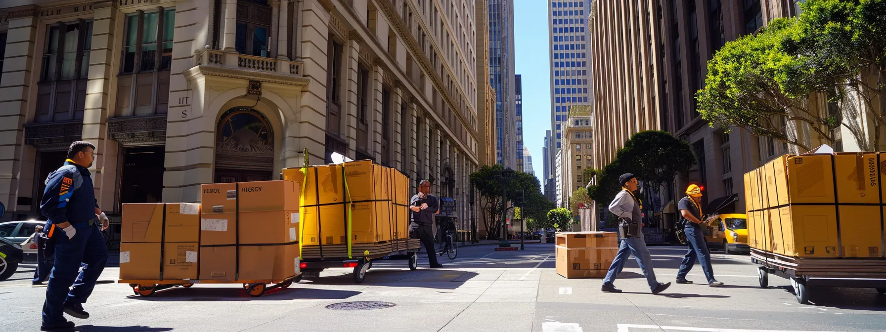 A Team Of Professional Office Movers And Packers Carefully Transporting Large Furniture Through The Bustling Streets Of Downtown San Francisco, Showcasing Efficiency And Expertise In Handling Office Relocations In Tight Spaces.