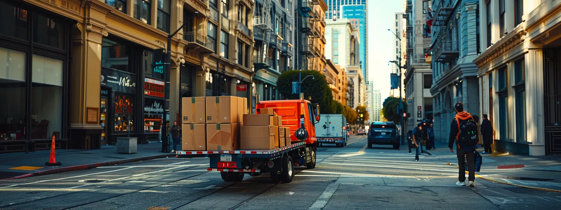 A Team Of Skilled Commercial Movers Carefully Transporting Office Equipment Through The Bustling Streets Of San Francisco's Downtown Area.