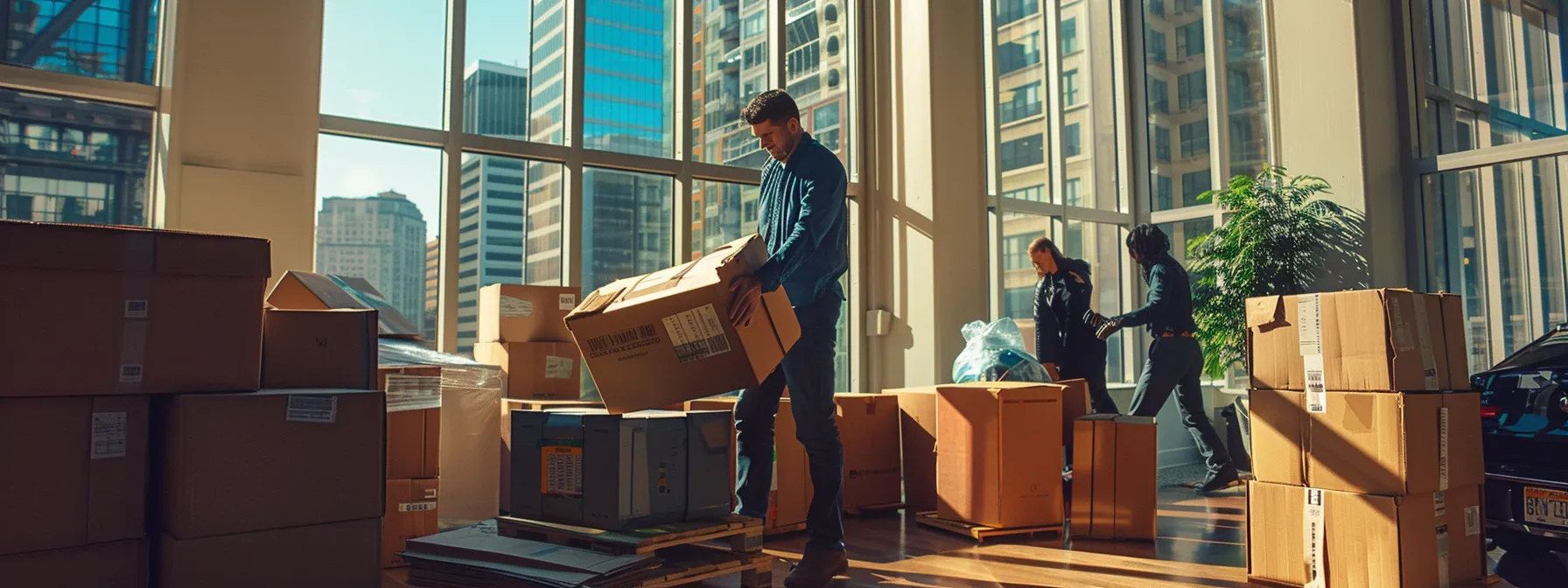 A Team Of Skilled Professional Movers Efficiently Transferring Office Equipment And Data In Downtown San Francisco.