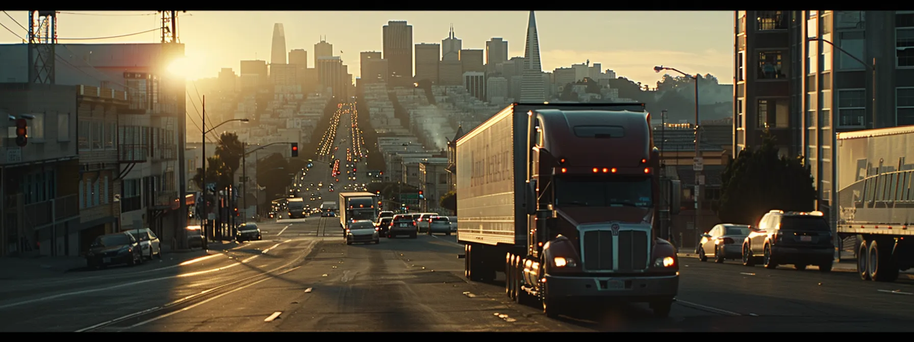 A Towering Skyline With Moving Trucks And Cranes Against The Backdrop Of Hilly Streets, Showcasing The Bustling Cityscape Of San Francisco.