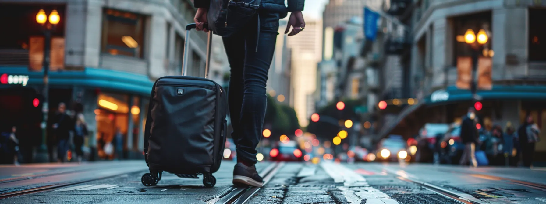 A Traveler Pulling A Lightweight And Durable Carry-On Suitcase Through The Bustling Streets Of Downtown San Francisco.