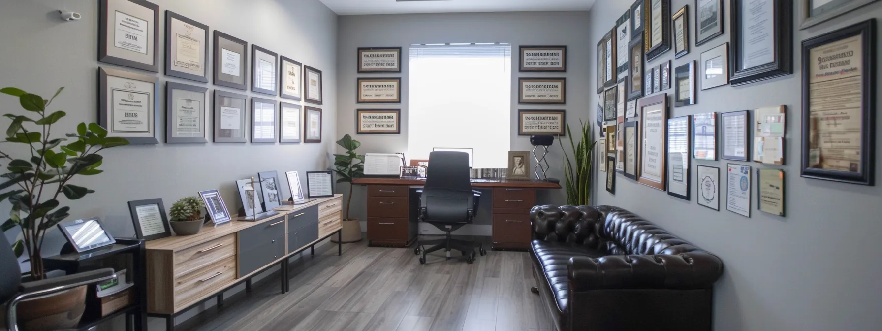 A Trustworthy La Moving Company Office With Framed Licenses, Credentials, And Awards Displayed Prominently On The Walls.