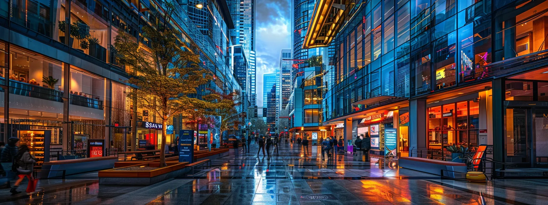 A Vibrant, Bustling City Street In Downtown San Francisco, With Modern Skyscrapers And Diverse Shops Lining The Sidewalks.