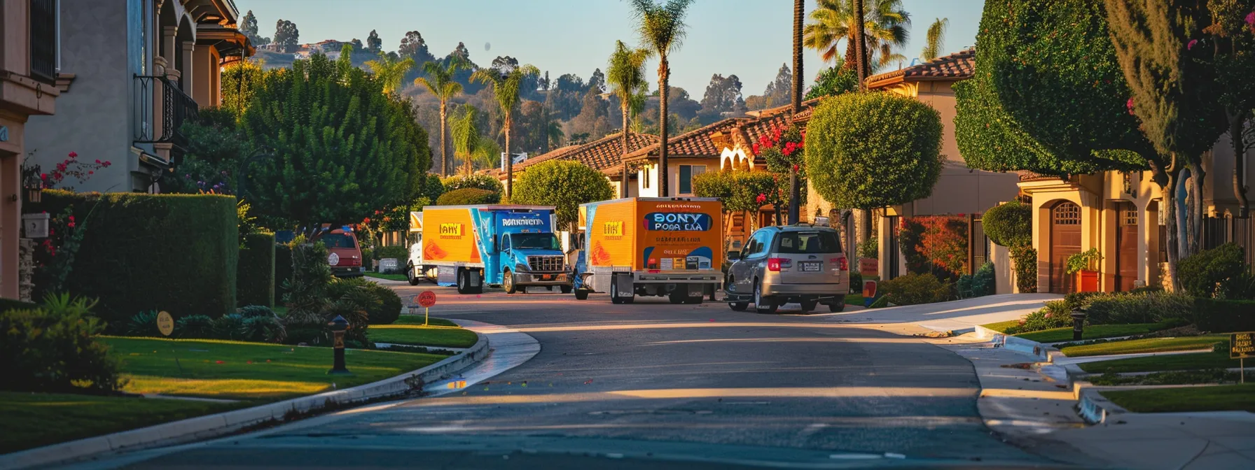 A Vibrant Moving Truck Convoy Parked In A Scenic Orange County Neighborhood, Showcasing The Top-Rated Local Moving Companies With Colorful Logos And Satisfied Customers.