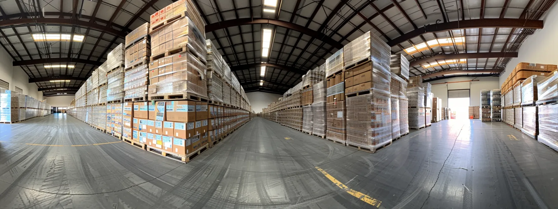 A Warehouse In Irvine, Ca Filled With Stacks Of Custom Printed Boxes And Pallets From Local Orange County Packing Suppliers.