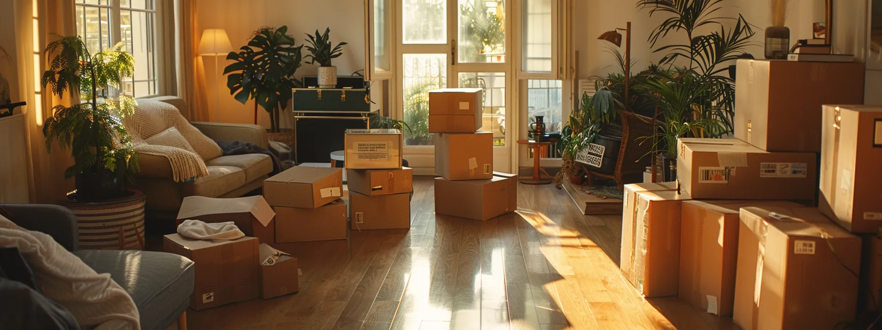 A Well-Organized Living Room Full Of Labeled Boxes, Ready For A Smooth Move With Furniture Moving Companies.