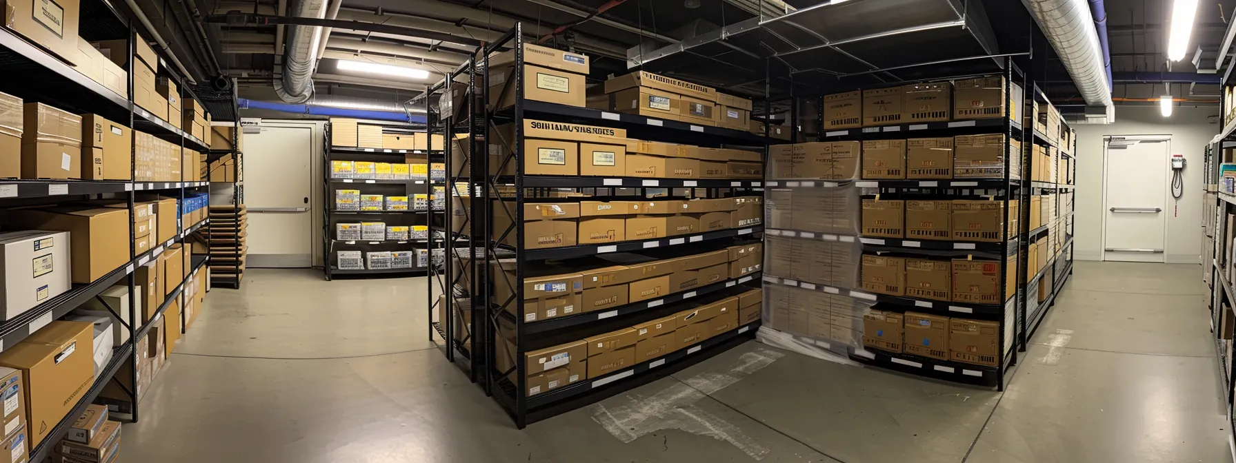 A Well-Organized Climate-Controlled Storage Unit In San Francisco, Filled With Neatly Stacked Boxes On Industrial Shelving, Labeled And Ready For Easy Access.