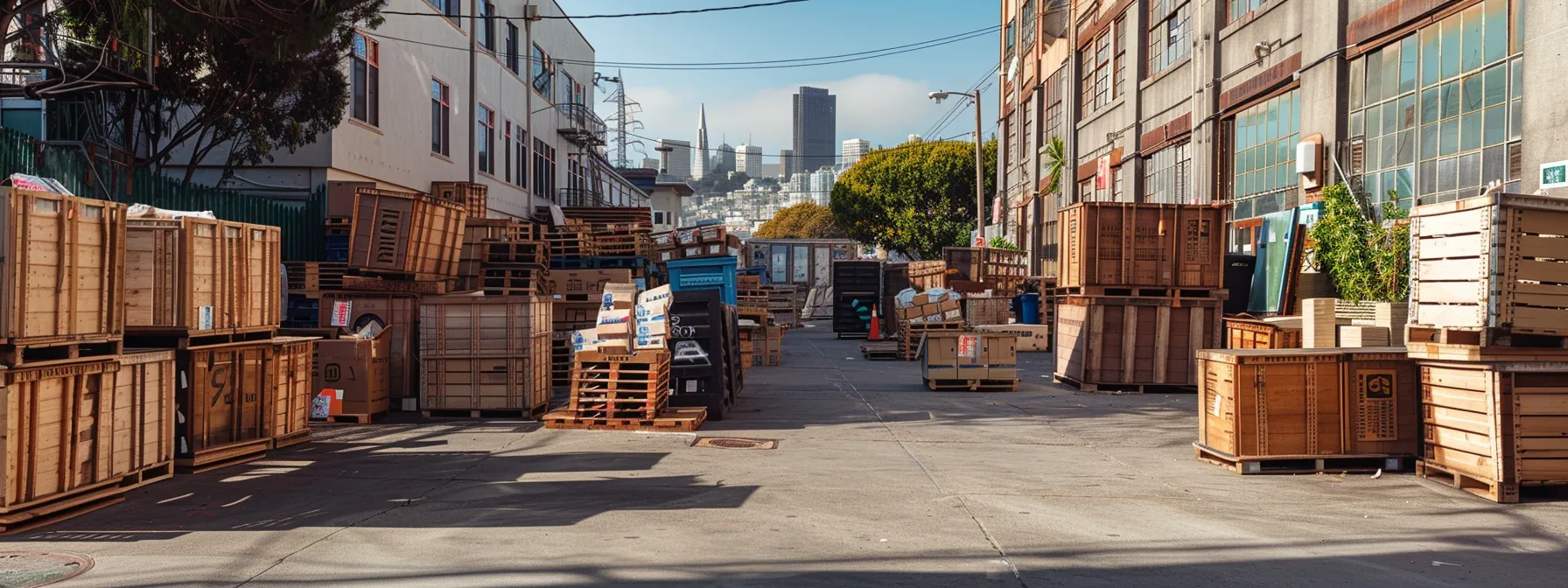 An Eco-Friendly Move In San Francisco: Organized Crates And Biodegradable Materials Used For Packing, With A Recycling Center In The Background.