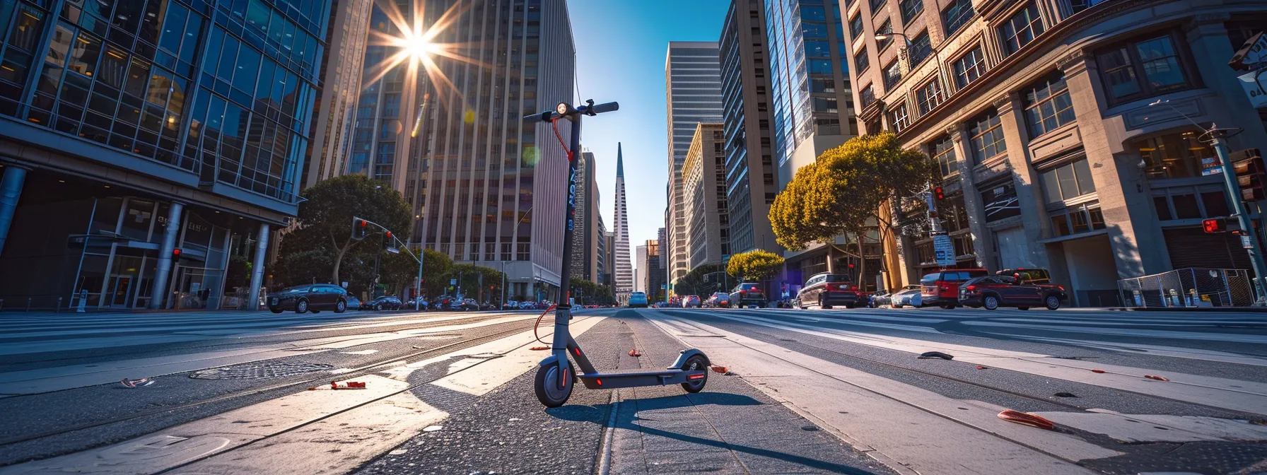 An Electric Scooter Zipping Through The Bustling Streets Of Downtown San Francisco, Surrounded By Towering Skyscrapers Under A Clear Blue Sky.