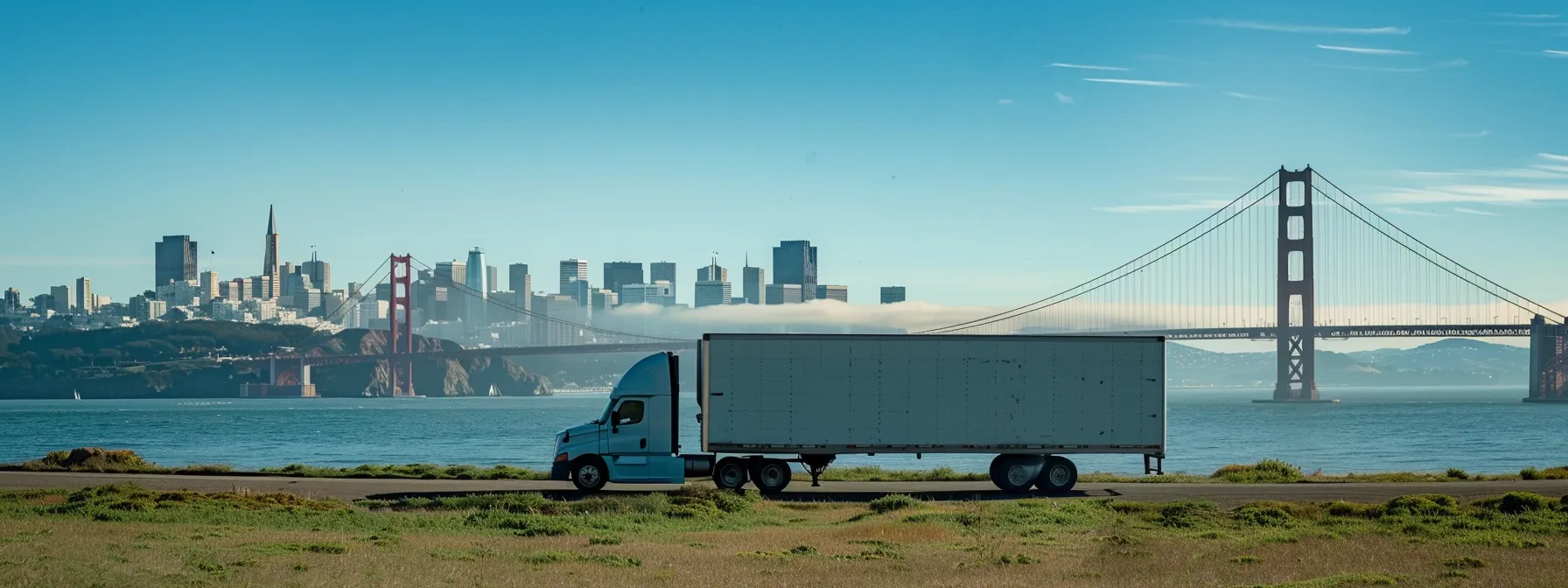 An Empty Moving Truck Parked In Front Of The Golden Gate Bridge With The San Francisco Skyline In The Background, Ready To Be Loaded With Belongings For A Long-Distance Move.