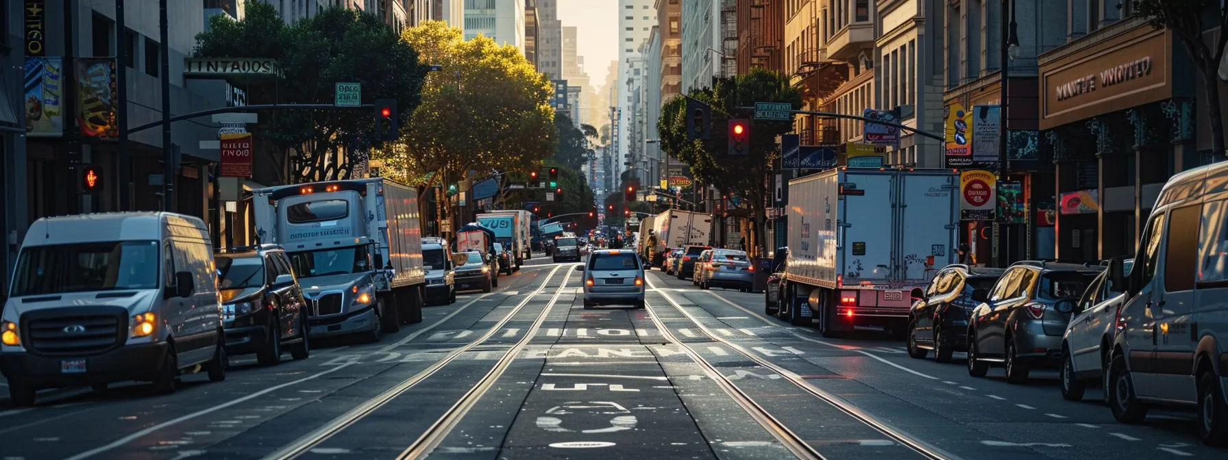 An Image Of A Bustling San Francisco Street Lined With Moving Trucks, Displaying The Diverse Logos Of Reputable Local Moving Companies.