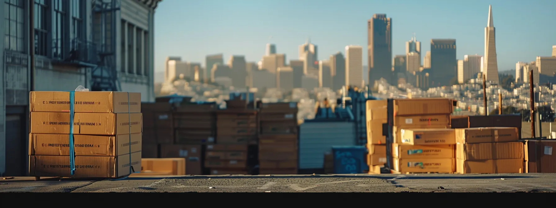 An Image Of A Stack Of Sturdy, Biodegradable Moving Boxes Made From Eco-Friendly Materials Against A Backdrop Of Downtown San Francisco.