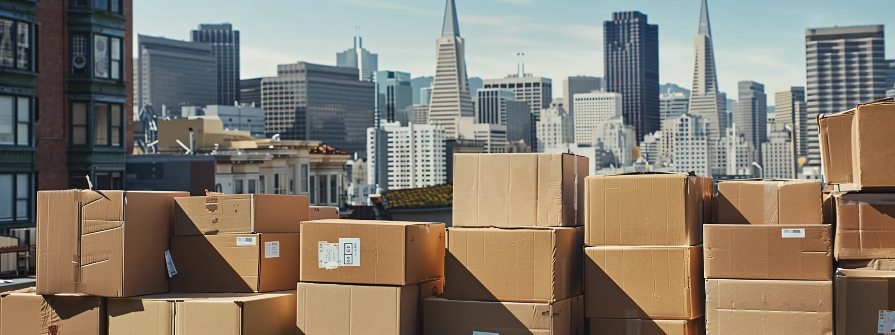 An Image Of Recyclable Cardboard Boxes Stacked Neatly Against A Backdrop Of The Bustling Cityscape Of Downtown San Francisco, Emphasizing The Importance Of Sustainable Packing Materials For Movers In An Urban Setting.