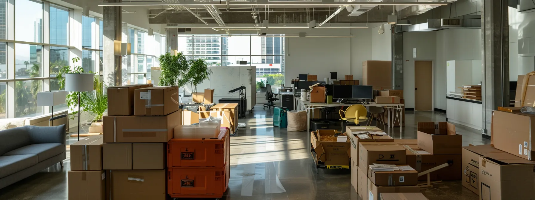 An Office Move In Los Angeles, With Expert Movers Expertly Packing And Transporting Office Furniture And Equipment With Precision And Care.