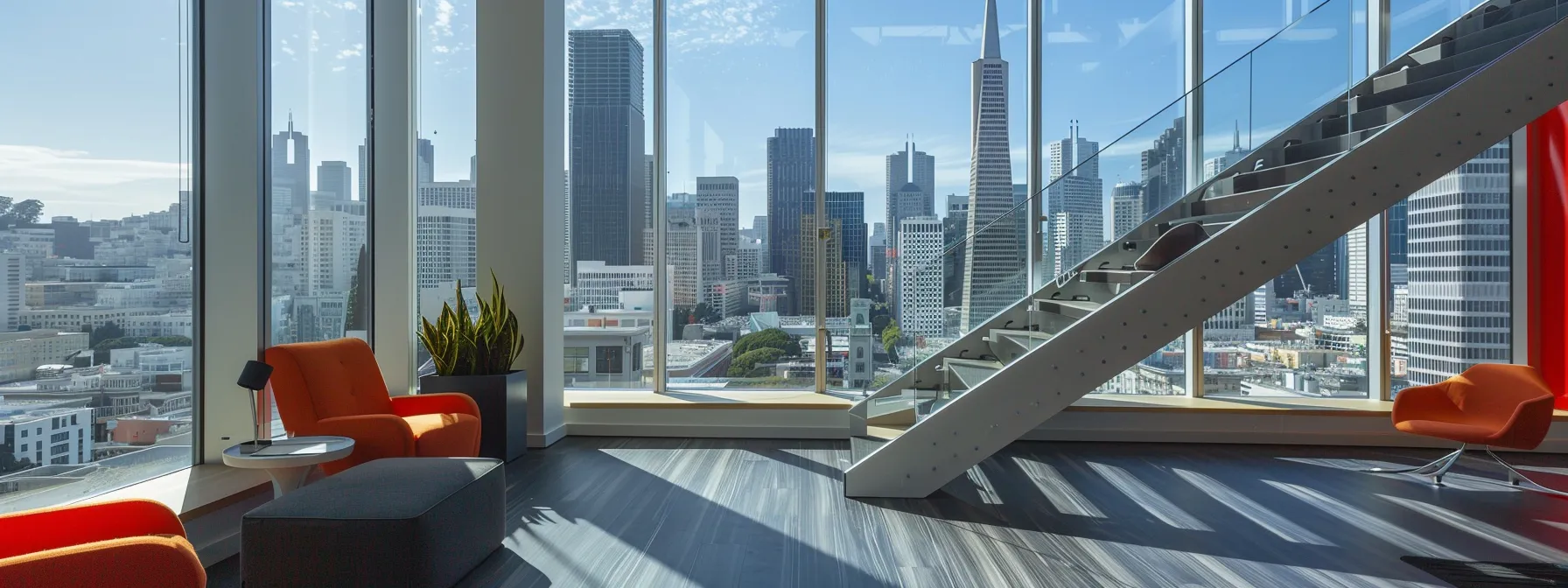 An Office Moving Company In San Francisco Carefully Navigating Stairs And Offering Transparent Flat Rate Pricing, With Downtown San Francisco In The Background.