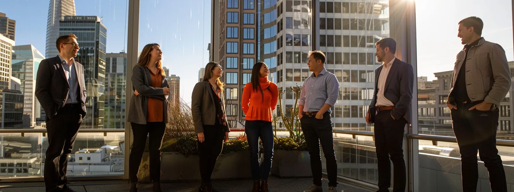 An Office Team Standing In Front Of A Sleek High-Rise Building In Downtown San Francisco, Preparing For A Smooth Office Move.